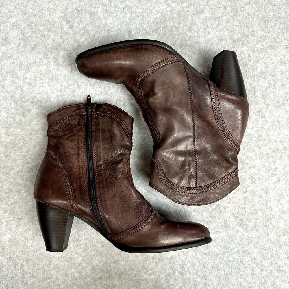 Sesto Meucci Italian Leather Ankle Boot Size 8 Western Bootie Brown Block Heel - Picture 3 of 12